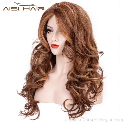 Aisi Hair Dark Brown Mixed White Color Synthetic Long Curly Wave Wigs Heat Resistant Fiber Fashion Cosplay Wigs for Women